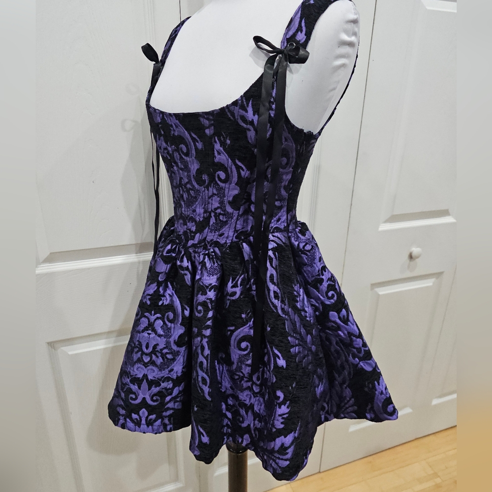 ~SOLD~ Dolls Kill Goth Widow Sultry Sins Black Purple Brocade Corset Dress XS - Picture 9 of 12
